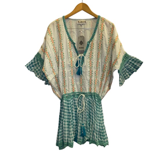 NWT Barok Paris Women’s Cotton Embroidered Peasant Top w Tassels sz M/L - Picture 2 of 14